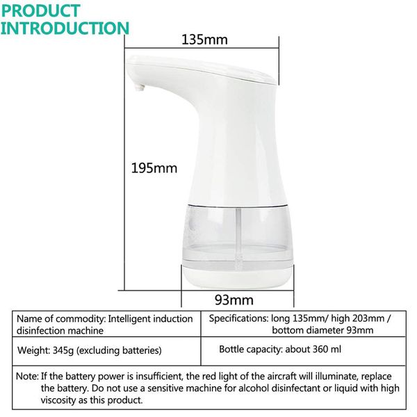 Alcohol Dispenser Infrared Automatic Induction Non-Contact Sprayer Bottles,360ml Soap Dispenser Suitable for Home, Restaurant, School, Hotel