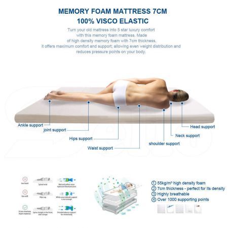 DreamZ 7cm Memory Foam Bed Mattress Topper Polyester Underlay Cover Double