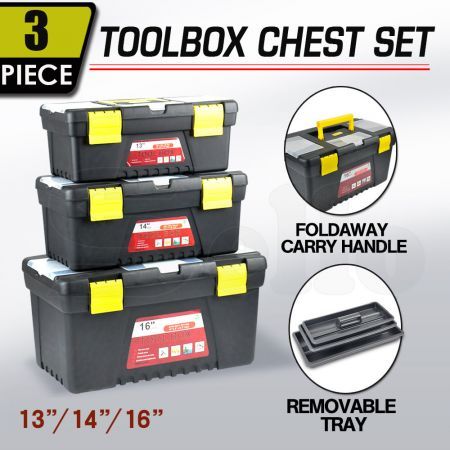 3 Piece Tool Boxes Set Organiser Trays Chest DIY Garage Toolbox Case Storage Bag