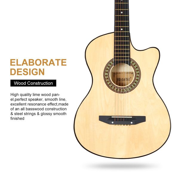 Melodic 38 Inch Folk Dreadnought Acoustic Guitar Pack Classical Cutaway Natural Wood