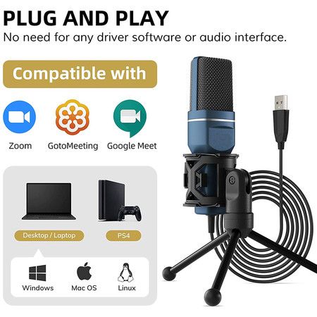 USB Gaming Microphone,Computer Condenser PC Mic with Tripod Stand and Pop Filter(Black)