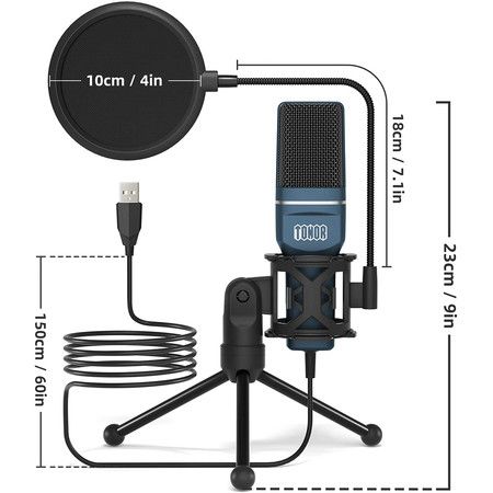 USB Gaming Microphone,Computer Condenser PC Mic with Tripod Stand and Pop Filter(Black)