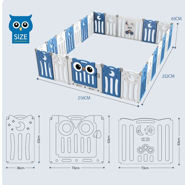 Baby Playpen Fence Room Safety Gate Child Enclosure Kids Activity Centre Barrier Toddler Play Yard Foldable Owl Design 24 Panels