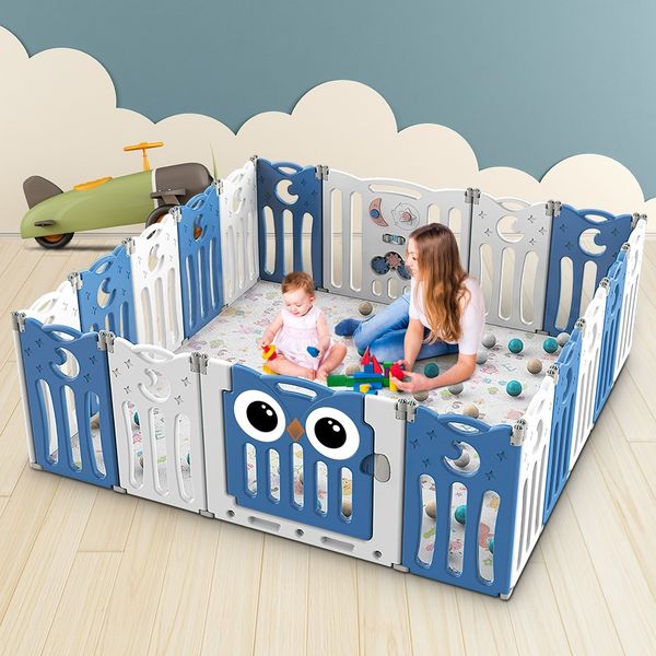 Baby Playpen Fence Kids Activity Centre Child Enclosure Safety Gate Barrier Toddler Play Room Yard Foldable Owl Design 18 Panels