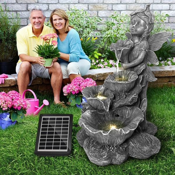 Fairy 4-Tier Solar Water Fountain Garden Features Outdoor Bird Bath With Led Light 