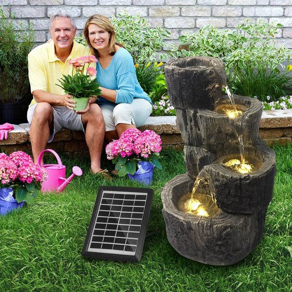 Solar Panel Powered Water Fountain Garden Features Outdoor Bird Bath 4 Tiers With Led Light 