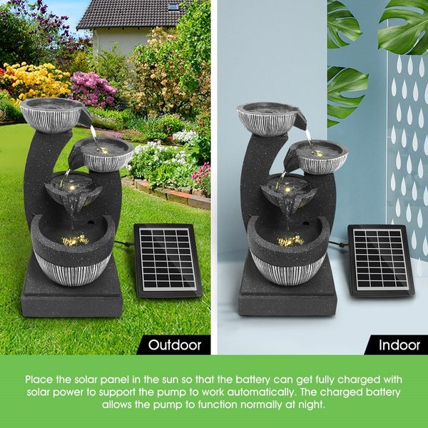 4-Tier Solar Water Fountain Garden Features Outdoor Bird Bath With Led Light Grey