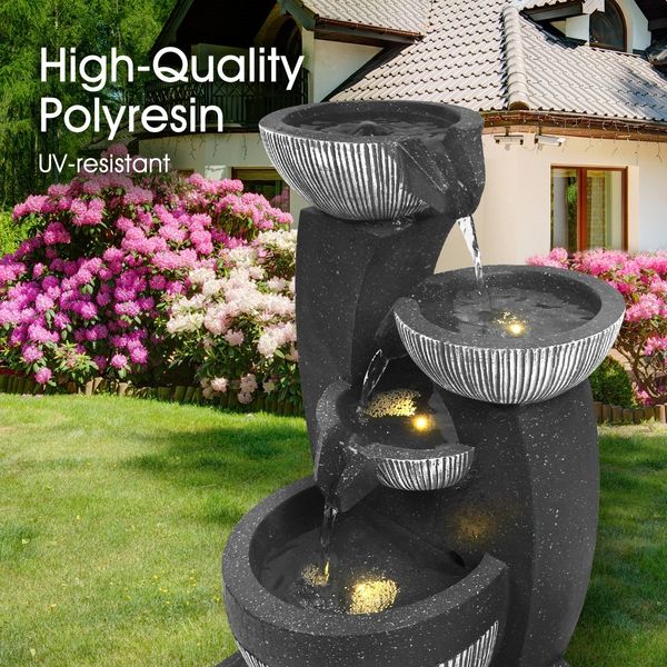 4-Tier Solar Water Fountain Garden Features Outdoor Bird Bath With Led Light Grey