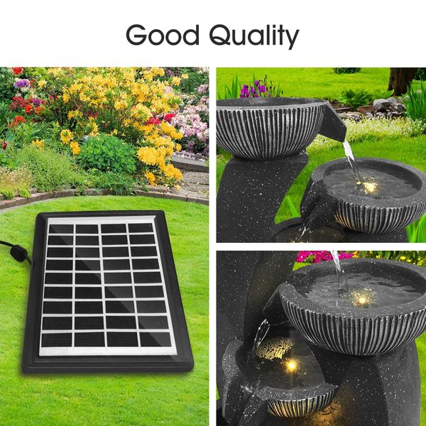 4-Tier Solar Water Fountain Garden Features Outdoor Bird Bath With Led Light Grey