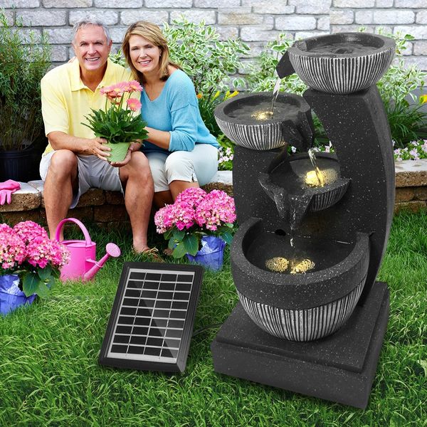 4-Tier Solar Water Fountain Garden Features Outdoor Bird Bath With Led Light Grey