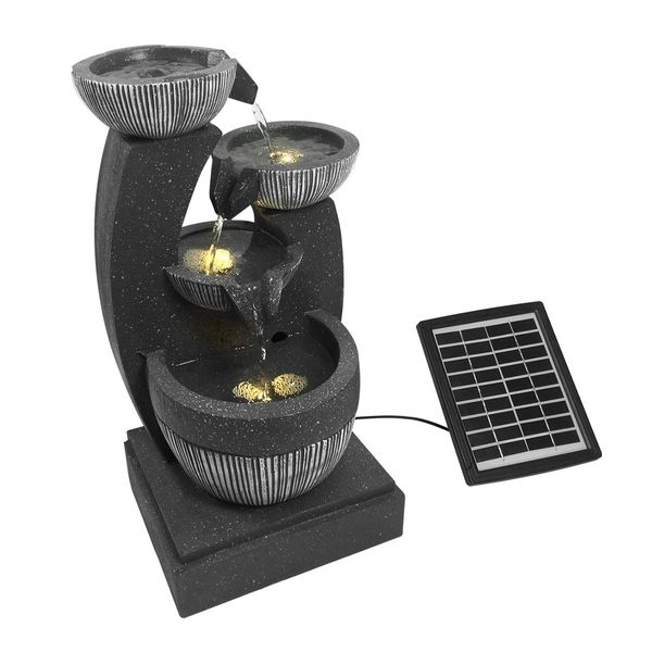 4-Tier Solar Water Fountain Garden Features Outdoor Bird Bath With Led Light Grey