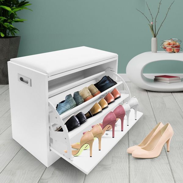 PU Leather Shoe Storage Bench 15 Pairs Wooden Shoe Cabinet