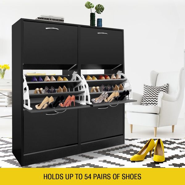 Wood Shoe Cabinet 54 Pairs Shoe Rack Black with 6 Compartments