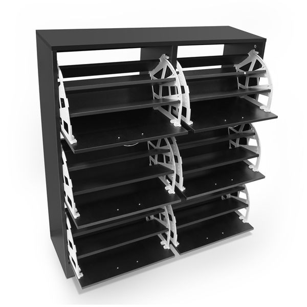 Wood Shoe Cabinet 54 Pairs Shoe Rack Black with 6 Compartments