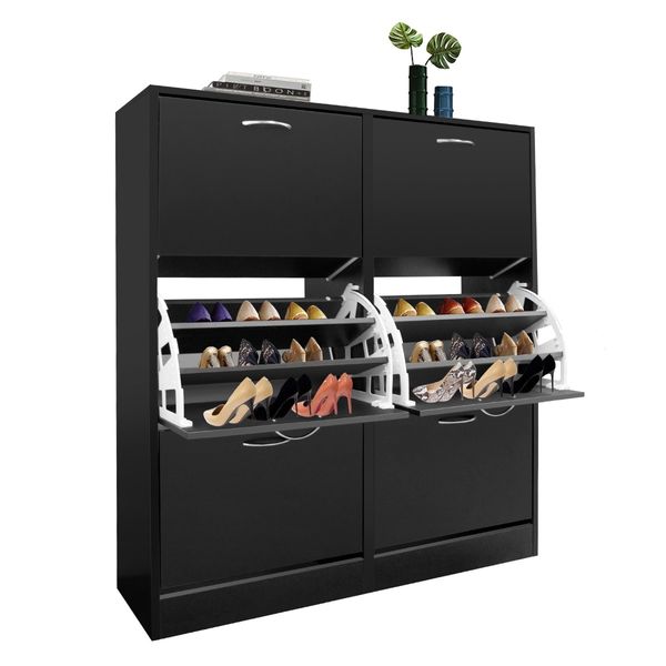 Wood Shoe Cabinet 54 Pairs Shoe Rack Black with 6 Compartments