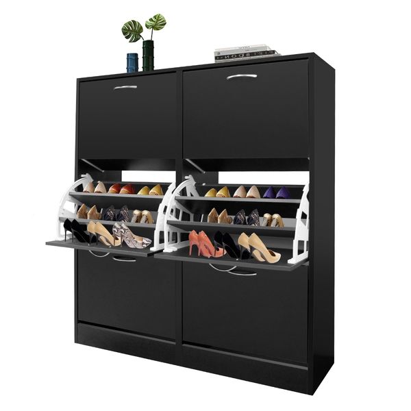 Wood Shoe Cabinet 54 Pairs Shoe Rack Black with 6 Compartments