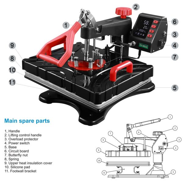 5 In 1 Heat Press Machine Swivel Multifunctional T-Shirt Heat Transfer with LCD Display