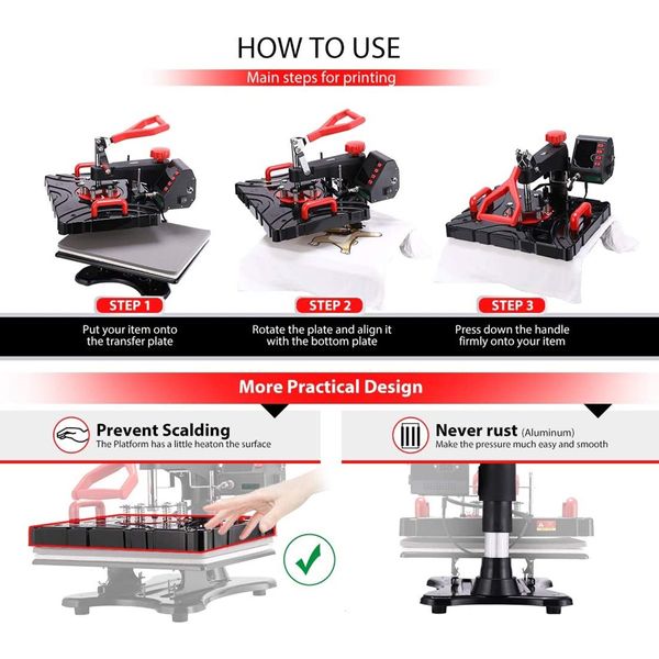 5 In 1 Heat Press Machine Swivel Multifunctional T-Shirt Heat Transfer with LCD Display