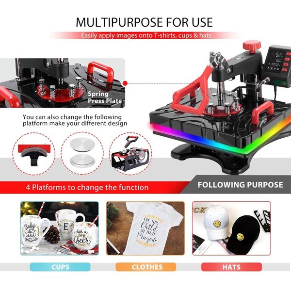 5 In 1 Heat Press Machine Swivel Multifunctional T-Shirt Heat Transfer with LCD Display