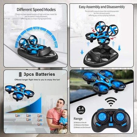 H36F Mini Drone Vehicle Boat 3 in 1 RC Quadcopter with Headless Mode 2.4G Remote Control One Key Return 360