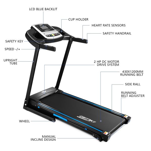 Genki 2HP Treadmill Home Gym Equipment Foldable Running Exercise Machine 430mm Belt