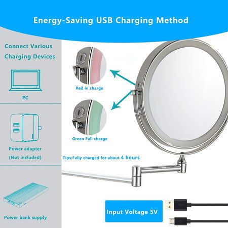 8 inch LED Wall Mounted Makeup Mirror 3 Color Mode USB Charge Touch Screen Adjustable Light  Bathroom Hotels (Sliver)