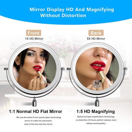 8 inch LED Wall Mounted Makeup Mirror 3 Color Mode USB Charge Touch Screen Adjustable Light  Bathroom Hotels (Sliver)