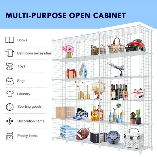 25 Cubes Grid Wire Storage Shelf Cabinet DIY Metal Modular Organizer Rack White