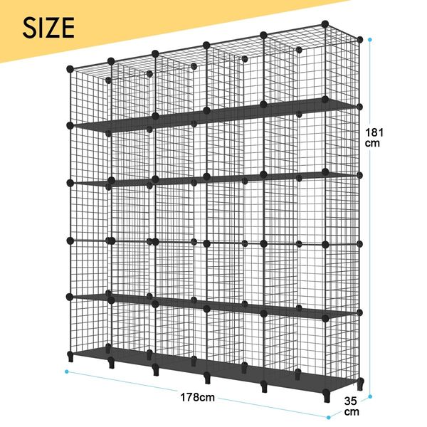 Metal Wire 25-Cube Storage Grid Organizer DIY Modular Cabinet for Toys Books Clothes Black