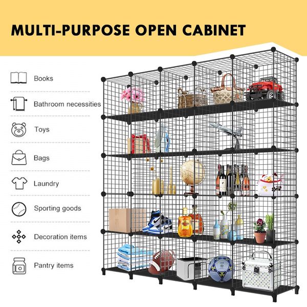 Metal Wire 25-Cube Storage Grid Organizer DIY Modular Cabinet for Toys Books Clothes Black