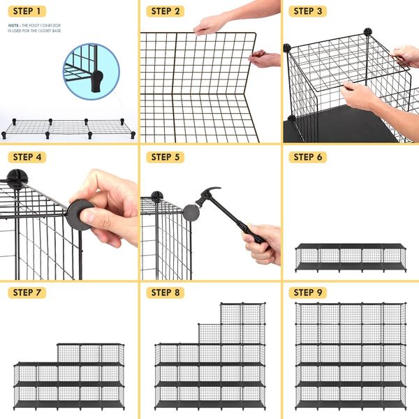 Metal Wire 25-Cube Storage Grid Organizer DIY Modular Cabinet for Toys Books Clothes Black