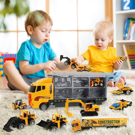 6 in 1 Die-cast Construction Vehicle Mini Engineering Truck Toy Set in Carrier Truck Playset for Boys 3 age+