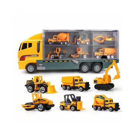 6 in 1 Die-cast Construction Vehicle Mini Engineering Truck Toy Set in Carrier Truck Playset for Boys 3 age+