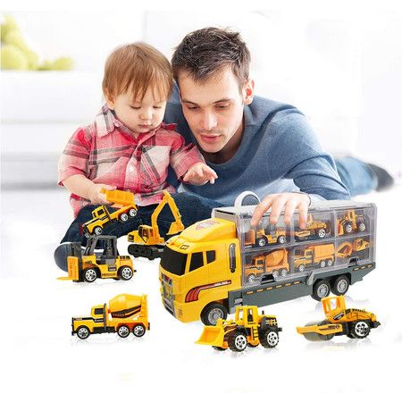 6 in 1 Die-cast Construction Vehicle Mini Engineering Truck Toy Set in Carrier Truck Playset for Boys 3 age+