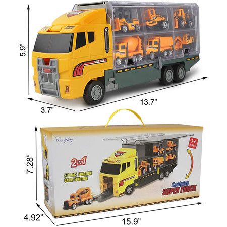 6 in 1 Die-cast Construction Vehicle Mini Engineering Truck Toy Set in Carrier Truck Playset for Boys 3 age+