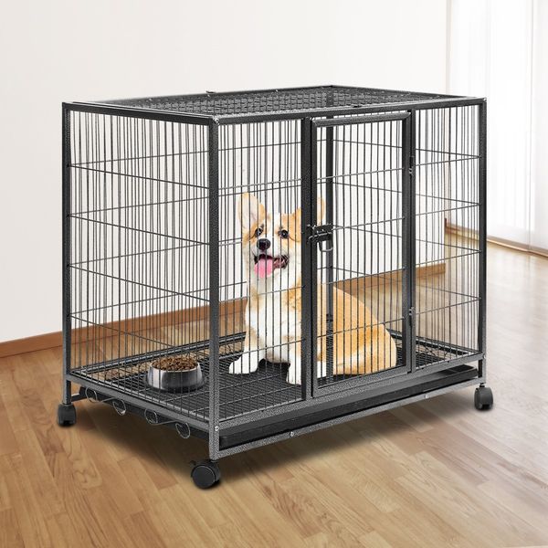 Dog Crate Doggy Playpen Puppy Kennel Pet Cat Rabbit House Metal Heavy Duty Wheels Tray 36 Inch