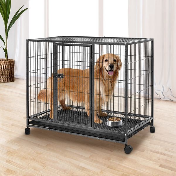 Dog Crate Doggy Playpen Puppy Kennel Pet Cat Rabbit House Metal Heavy Duty Wheels Tray 36 Inch