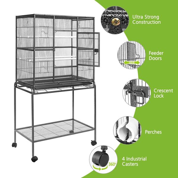 Large Bird Cage Aviary Budgie Parrot Canary House Pet Cockatiel Flight Enclosure Perches on Wheels Indoor Wrought Iron