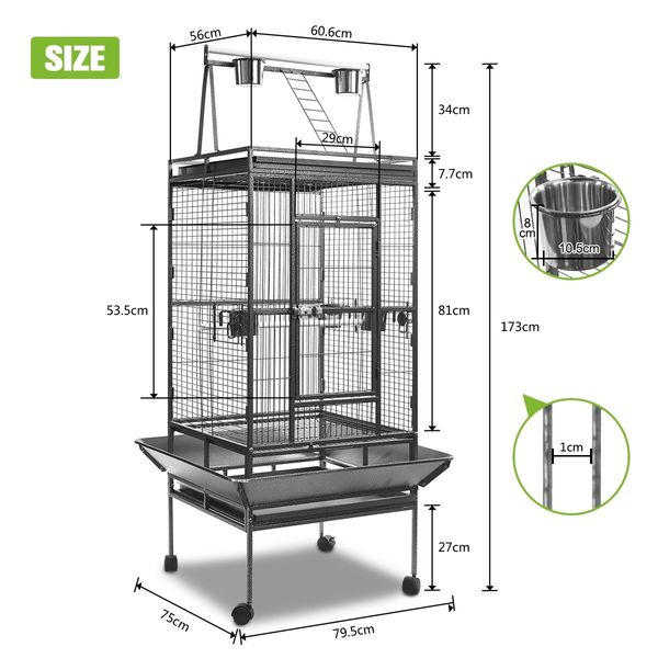 Large Bird Cage Budgie House Parrot Flight Aviary Canary Cockatiel Pet Enclosure Perches on Wheels Indoor Play Top 173cm