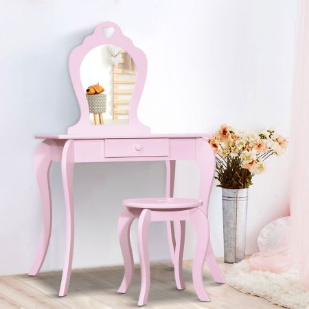 Keezi Pink Kids Vanity Dressing Table Stool Set Mirror Princess Children Makeup