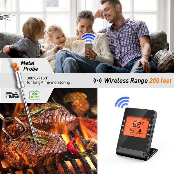 Remote Digital Wireless Cooking Food Meat Thermometer 6 Probes for BBQ Grill Oven Smoker