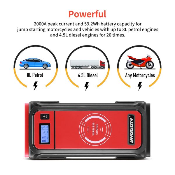 Portable Car Jump Starter 12V Wireless Battery Charger Power Bank 2000A