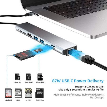 USB C Hub Multiport Adapter 8 in 1 Type C Docking Station Aluminum for MacBook Pro,XPS