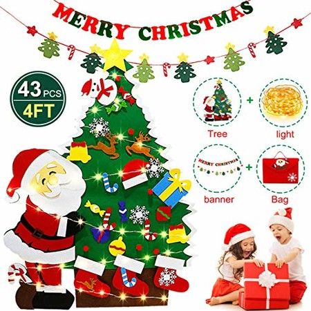 DIY Wall Hanging Decoration Christmas Tree with Santa Clause  Detachable Ornaments, LED String Lights ,2 X Banner , KIDS gifts