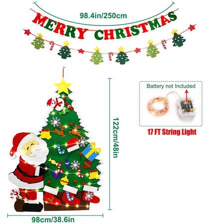 DIY Wall Hanging Decoration Christmas Tree with Santa Clause  Detachable Ornaments, LED String Lights ,2 X Banner , KIDS gifts