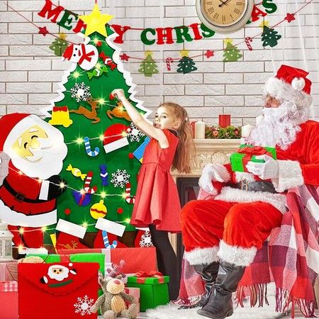 DIY Wall Hanging Decoration Christmas Tree with Santa Clause  Detachable Ornaments, LED String Lights ,2 X Banner , KIDS gifts