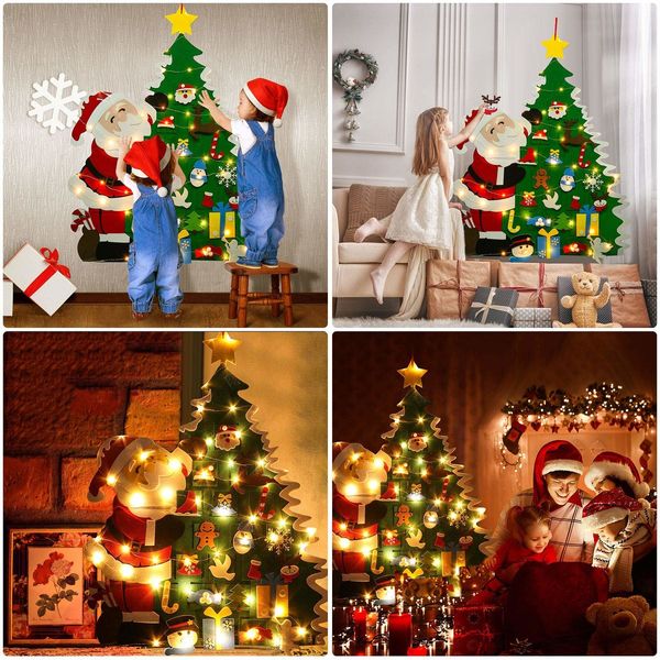 DIY Wall Hanging Decoration Christmas Tree with Santa Clause  Detachable Ornaments, LED String Lights ,2 X Banner , KIDS gifts