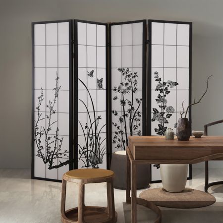 Levede 4 Panel Room Divider Screen Door Stand Privacy Fringe Wood Fold Blossom