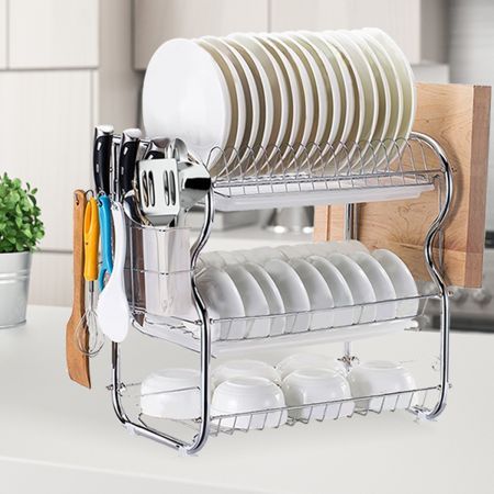 3 Tier Stainless Steel Dish Rack Drainer Tray Kitchen Storage Cup Cutlery Holder