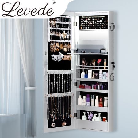 Levede Wall Mounted or Hang Over Mirror Jewellery Cabinet with LED Light White